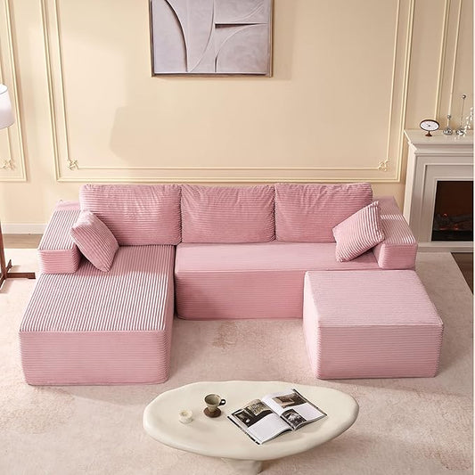107" Boneless Couch with Deep Seat, Modular Sectional Sofa, Cloud Sectional Couch for Living Room, No Assembly Required, Corduroy, U-Shape 3 Seater Left, Pink