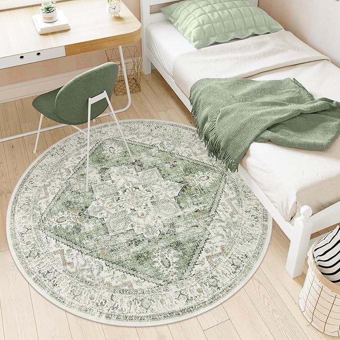 LIVEBOX Medallion Round Area Rug 5ft, Vintage Washable Sage Green Circle Rug for Bedroom, Low-Pile Soft Round Carpet for Living Room, Ideal for High Traffic Areas in Entryway