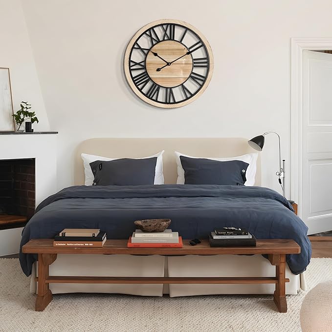 LEIKE 24 Inch Large Wall Clock - Rustic Wooden Silent Non-Ticking Wall Clock with Black Metal Frame, Vintage Farmhouse Decorative for Living Room, Bedroom, Kitchen - Roman Numerals, Modern Design