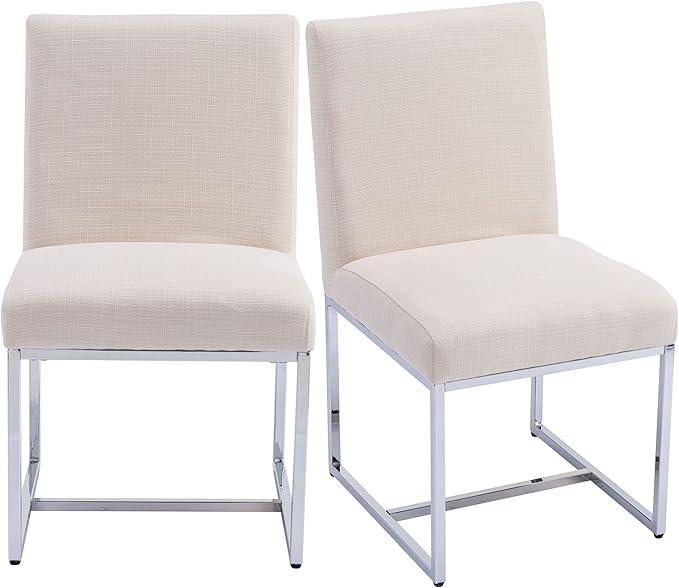 VESCASA Linen Upholstered Dining Chairs Set of 2, Mid Century Modern Padded Chair with Chrome Metal Frame for Restaurant, Dining Room, Kitchen, Cream