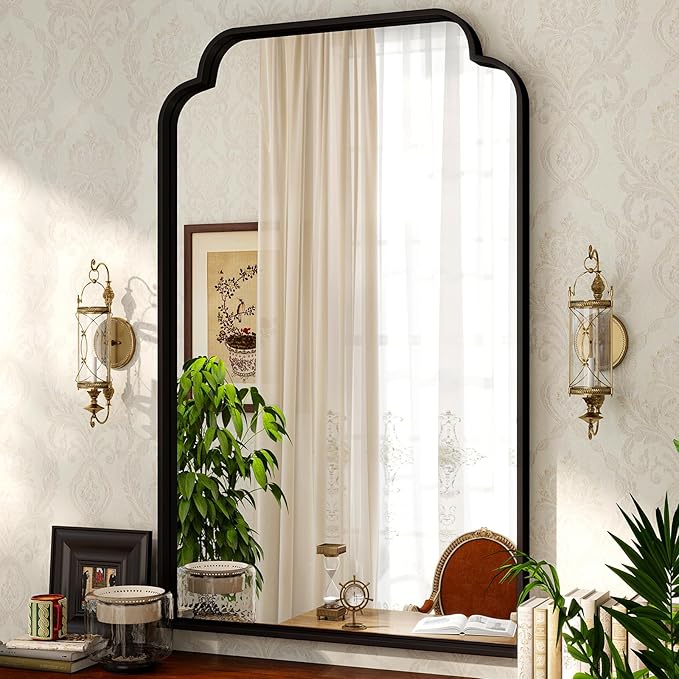 30X48 Inch Black Bathroom Mirror for Wall, Modern Rounded Corner Rectangle Mirror with Non-Rusting Iron Metal Framed Bathroom Vanity Mirror for Over Sink Wall Decor
