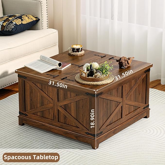 Farmhouse Coffee Table with Hidden Storage Space, Wood Square Large Center Table for Living Room, Farm House Rustic Brown Retro Coffee Tables with Hinged Lift Top for Meeting Room, Home