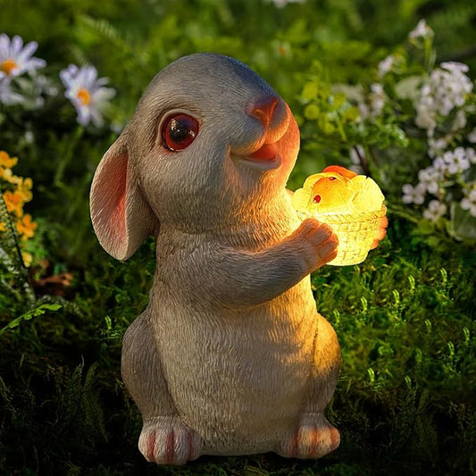 Solar Rabbit Garden Statues Outdoor Bunny Decor Resin Bunny Figurine Holding Mushroom with LED Lights for Porch Patio Lawn Yard Housewarming Gardening Gifts for Mom Grandma