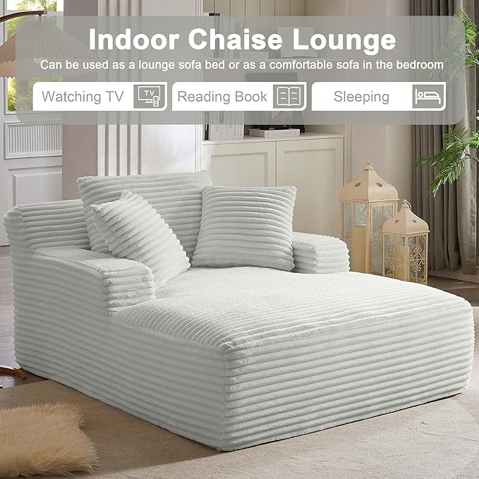 GNIXUU Oversized Chaise Lounge Chair Indoor, Comfy Fluffy Lounge Sofa Upholstered Sleeper Sofa Couch with Throw Pillows and Armrests, Corduroy Plush Cloud Chair for Living Room, Light Gray