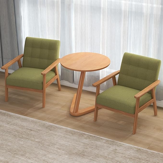 Westice Accent Chairs Set of 2 with Side Table, Mid-Century Modern Leisure Chairs with Coffee Table, Retro Wood Armchair, Comfy Lounge Side Chair for Living Room, Bedroom, Green Linen & Natural Frame