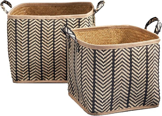 Set of 2 Isidore Square Palm Leaf Woven Wicker Storage Baskets with Handles (14"x14"x15" and 16"x16"x17" - Black-Brown) - Perfect for Halloween, Thanksgiving, and Home Organization
