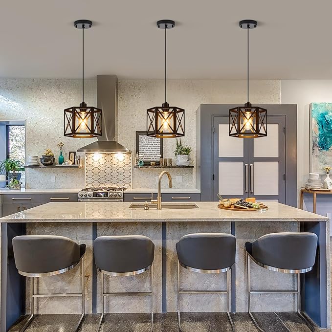 2 Pack Farmhouse Pendant Lights, Modern Black Hanging Light Fixture with Hexagonal Cage, Industrial Metal Ceiling Lights, Adjustable Lantern Pendant Lighting for Kitchen Island Sink Hallway