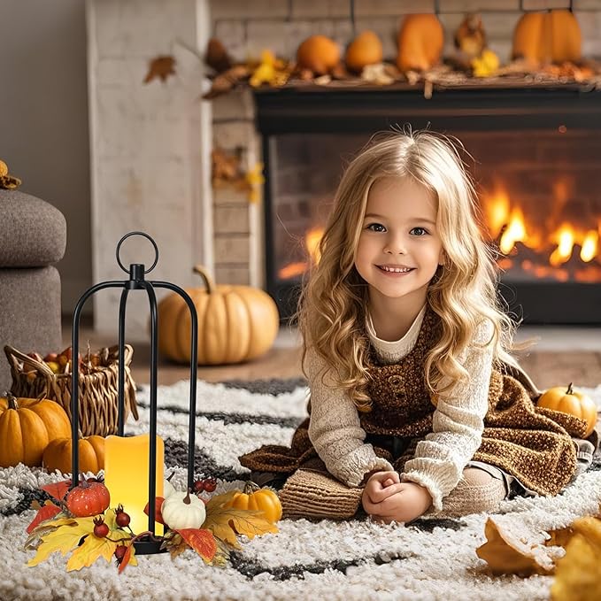 Bdor 2 Pack Fall Lantern Decor with LED Candle – 14 Inch Harvest Pumpkin Maple Leaf Hanging Lantern for Autumn Thanksgiving Table Centerpiece Indoor Outdoor Decoration, Battery Operated
