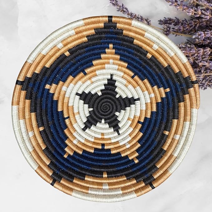 Handwoven African Basket Handmade sisal Fruit Bowl Wall Hanging decorative Baskets for Home Living Room Kitchen Centerpiece Zen Designs Arts and Crafts (Blue Tan White, 10in diameter)