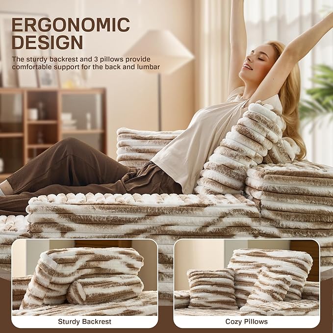 Chaise Lounge Chair Indoor, 67" Oversized Comfy Faux Fur Sleeper Sofa Bed, Boneless Upholstered Recliner Bed with Pillows and Wide Armrests, Modern Cloud Couch for Living Room, Brown+White