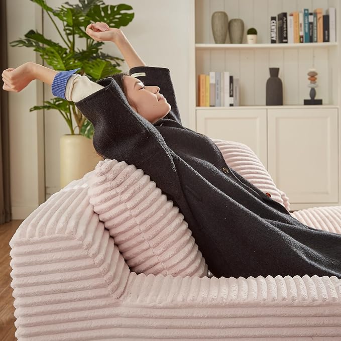 Oversized Double Chaise Lounge, Corduroy Boneless Couch, Modern Oversized Chaise Lounge, Upholstered Sleeper Sectional Sofa Daybed with Throw Pillows and Armrest for Living Room, Pink