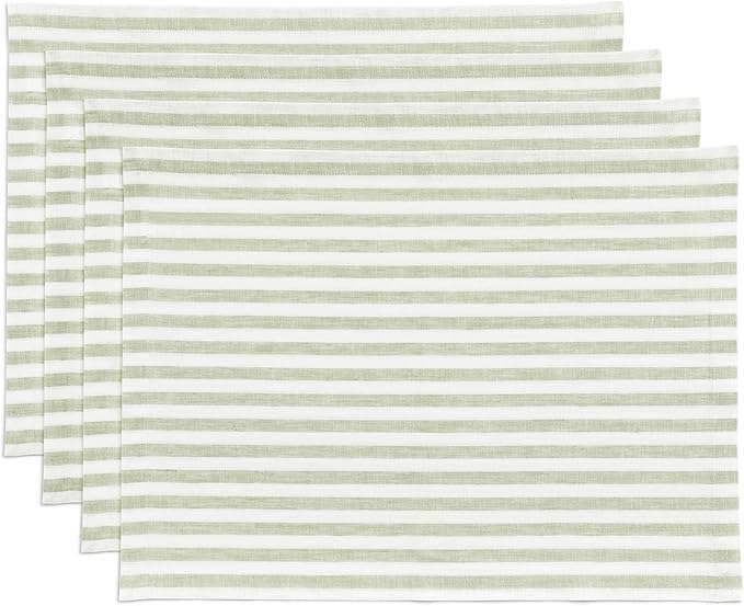 Solino Home Linen Cloth Placemats Set of 4 - Amalfi Stripe 100% Pure Linen Sage and White Farmhouse Placemats 14 x 19 Inch for Fall, Autumn, Thanksgiving, Christmas