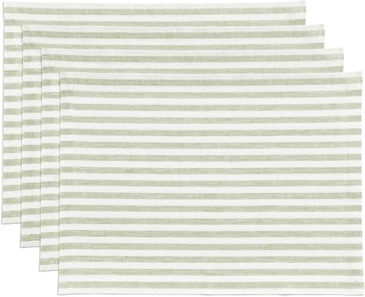 Solino Home Linen Cloth Placemats Set of 4 - Amalfi Stripe 100% Pure Linen Sage and White Farmhouse Placemats 14 x 19 Inch for Fall, Autumn, Thanksgiving, Christmas