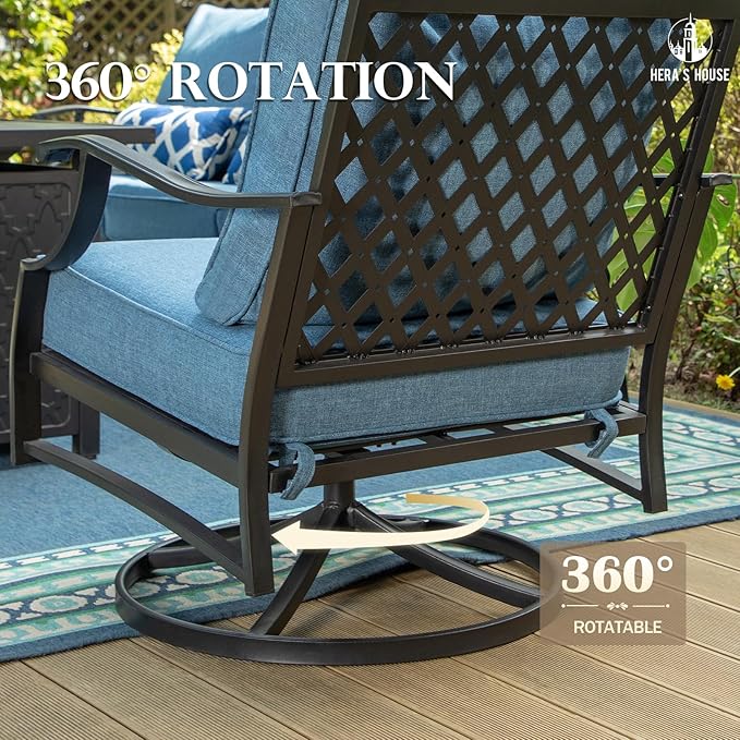 HERA'S HOUSE 6 Piece Patio Furniture Set, 2 x Swivel Cushioned Chair, 2 x Cushioned Ottoman, 1 x 3-Seat Sofa with Marbling Coffee Table, Outdoor Conversation Set for Lawn Garden Backyard, Navy Blue