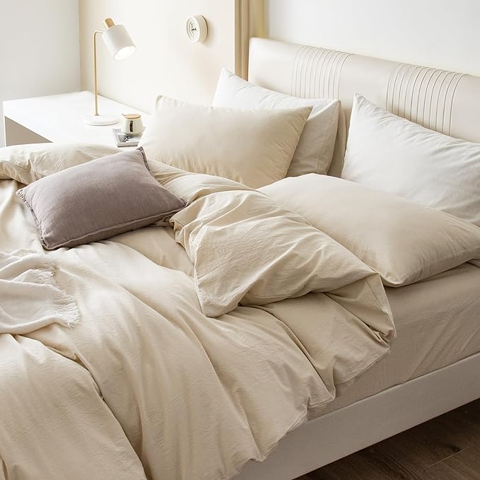 JIYUAN 100% Washed Cotton Duvet Cover Set 3 PCS Oversized King Plus, 1 Duvet Cover 128"x120"(Comforter Not Included) and 2 Pillowcases,Linen Feel Bedding Set Comfy and Breathable,Heathered Beige
