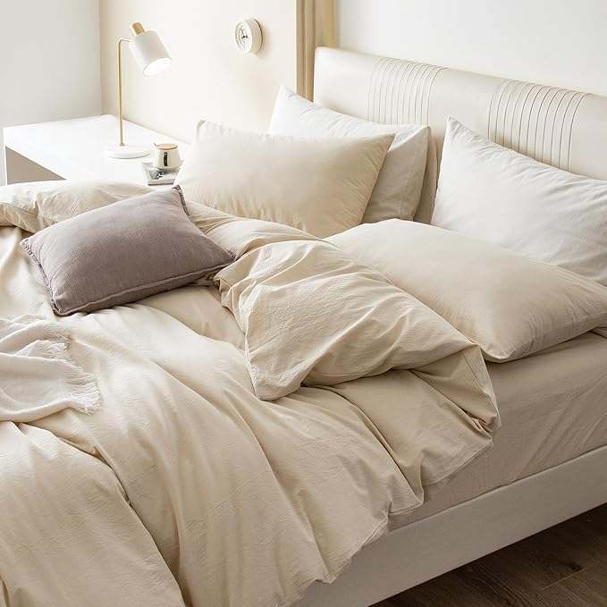 JIYUAN 100% Washed Cotton Duvet Cover Set 3 Pieces Oversized Queen, 1 Duvet Cover 98x98 Inches(Comforter Not Included) and 2 Pillowcases,Linen Feel Bedding Set Comfy and Breathable,Heathered Beige