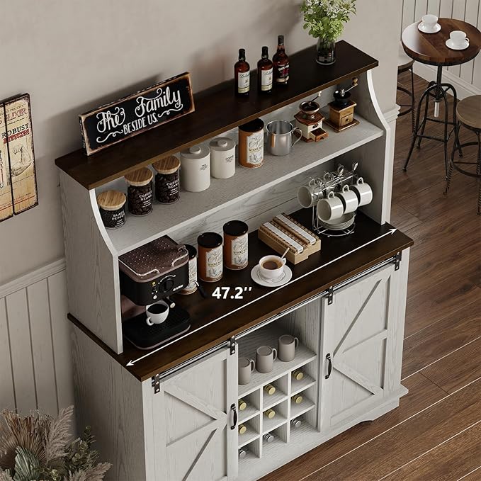 47 Inch Farmhouse Coffee Bar Cabinet with 3-Tier Storage, Kitchen Hutch with 9 Wine Racks & 3 Glass Holders, Coffee Bar with 6 Hooks, Wine Bar Cabinet for Dining Living Room, White