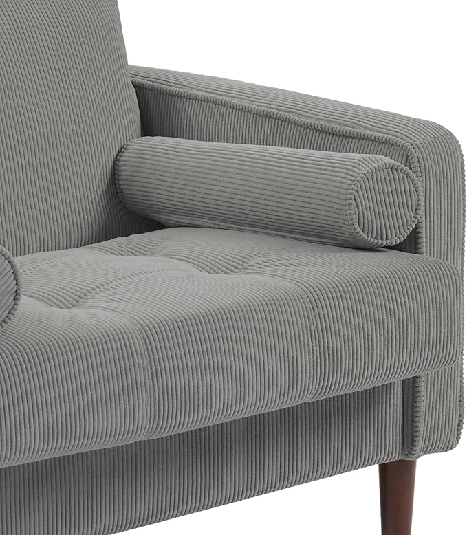 UIXE Accent Chair, Corduroy Upholstered Arm Chairs for Living Room, Comfy Armchair Mid-Century Track Armrest Single Sofa Bedroom Reading Seat with 2 Bolster Pillows - Light Gray, Set of 1