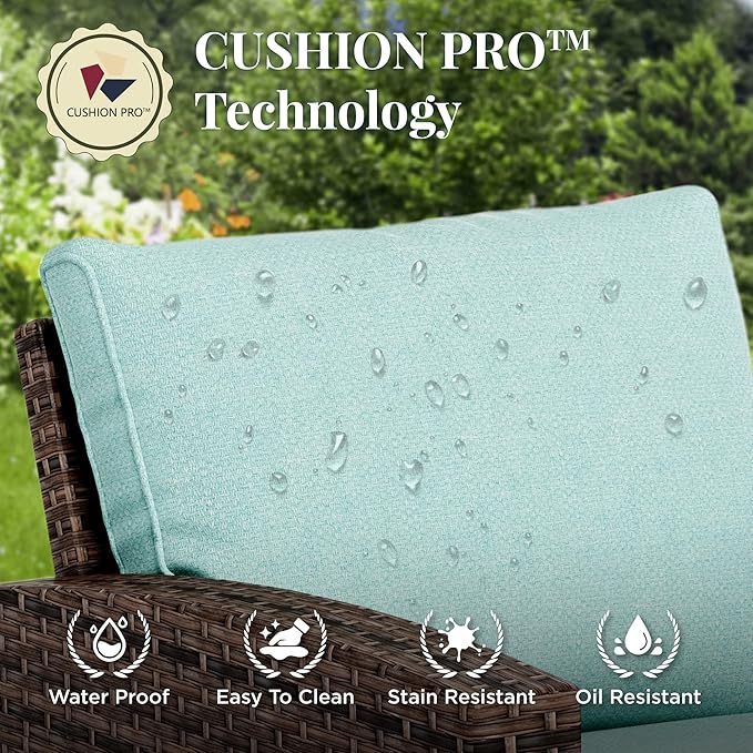 Patio Furniture Set, 8 Pcs Wicker Rattan Outdoor Conversation Set, 4 x Leg Chairs, 1 x 3 Seater Sofa and 2 x Ottoman with 4" Thick Cushion and 32" Fire Pit Table, Blue