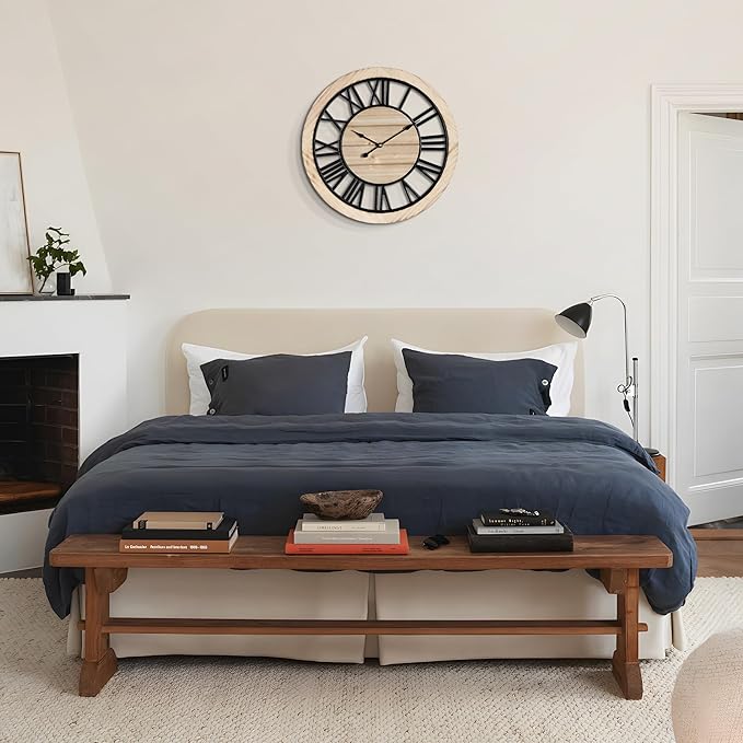 LEIKE 16 Inch Large Wall Clock - Rustic Wooden Silent Non-Ticking Wall Clock with Black Metal Frame, Vintage Farmhouse Decorative for Living Room, Bedroom, Kitchen - Roman Numerals, Modern Design