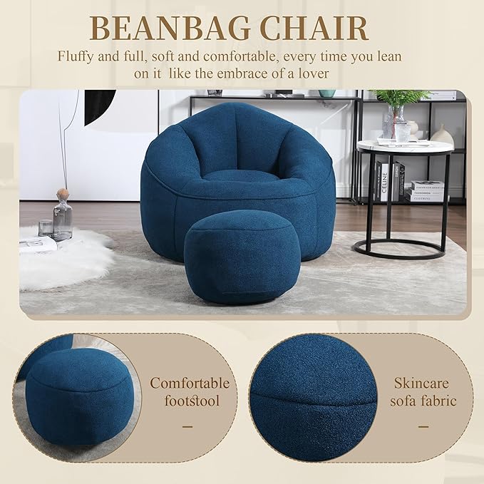 Bean Bag Sofa Chair with Foam Padded Velvet Bean Bag Chair with Soft Foam Padded Ottoman