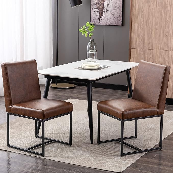 VESCASA Faux Leather Upholstered Dining Chairs with Black Metal Frame, Mid Century Modern Padded Kitchen Chair with Adjustable Foot Pads for Restaurant, Dining Room, Set of 2, Brown
