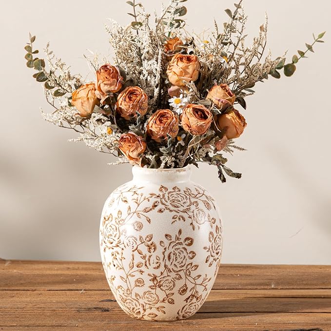 Ceramic Vintage Vase, Flower Decorative Vase Chinoiserie Decor Rustic Farmhouse Retro Floral Vases for Table Bookshelf Mantel Kitchen Living Room Office - 7.8inch
