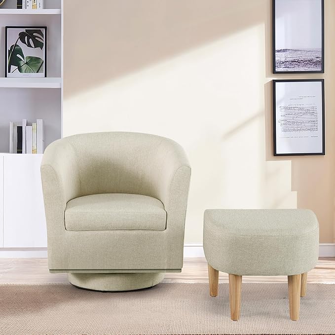 DAZONE Beige Swivel Accent Chair with Ottoman, Comfy Barrel Armchair for Small Spaces, 360° Modern Fabric Lounge Chair for Living Room, Bedroom, Reading Nook, Home Office