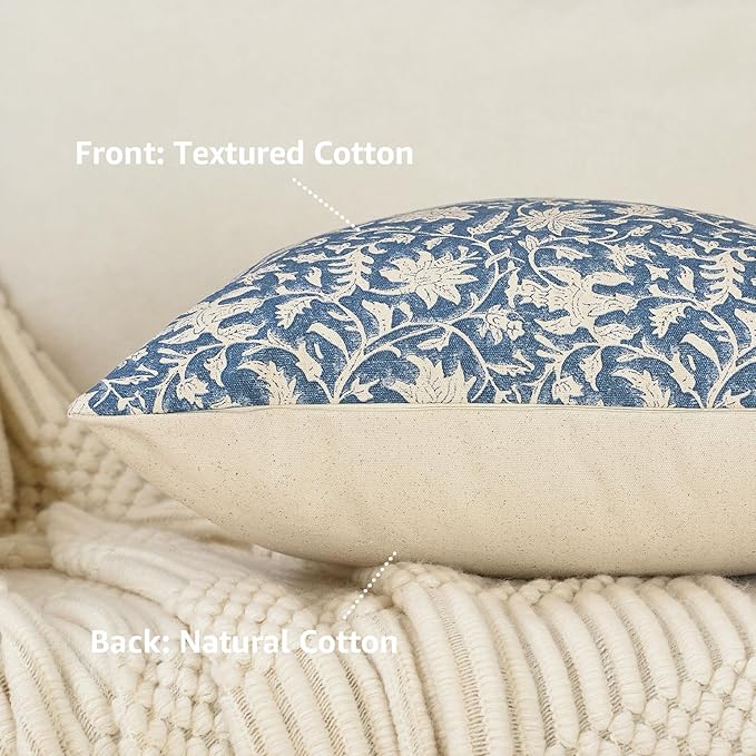 Floral Throw Pillow Covers 24x24 Farmhouse Block Print Pillow Covers Decorative Pillow Covers Couch Pillows for Living Room Vintage Accent Sofa Pillows Set of 2, Vintage Blue