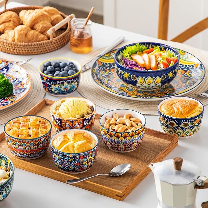vancasso 8 Oz Ramekins Oven Safe Set of 6, Bohemian Creme Brulee Ramekins, Colorful Souffle Dishes, Pudding Custard Cups for Baking, Small Ceramic Bowls for Snacks, Ice Cream
