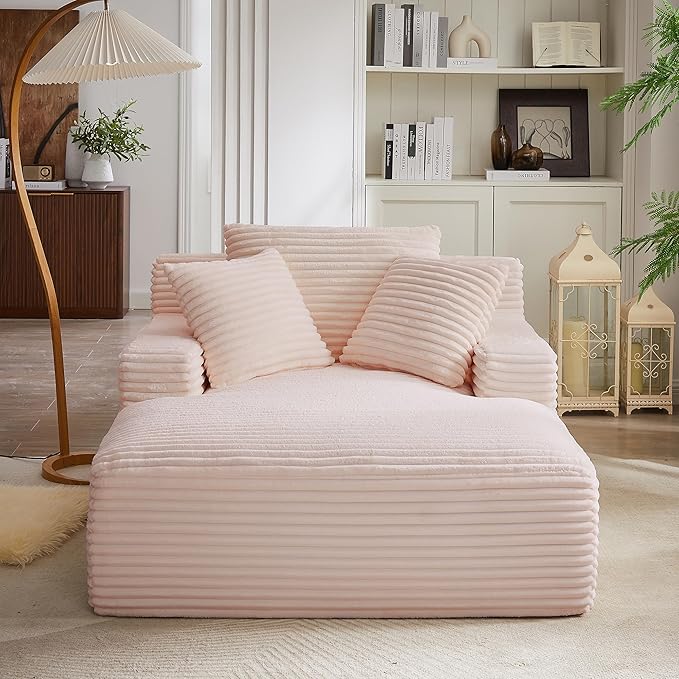 GNIXUU Oversized Boneless Chaise Lounge Chair Indoor, Comfy Fluffy Lounge Sofa Upholstered Sleeper Sofa Couch with Throw Pillows and Armrests, Corduroy Plush Cloud Chair for Living Room, Pink