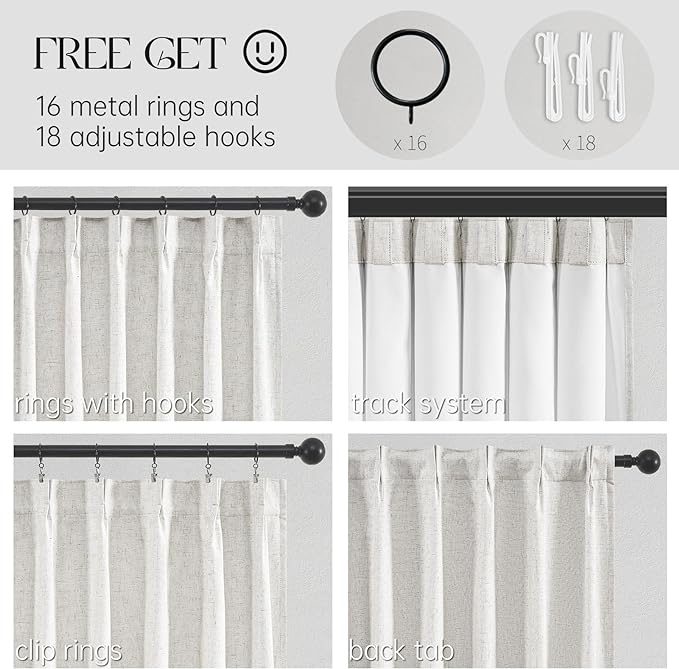 Topfinel 102 Inches Long Custom Blackout Linen Curtains, Pinch Pleated Noise Cancelling Curtains with Pin Hooks for Traverse Rods, Burlap Viral Drapes 2 Panels for Living Room Master Bedroom