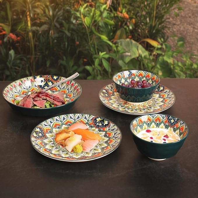 YA JU Mandala Dinnerware Sets (12 Pcs) Serves 4, Buffet Dinnerware, Boho Plates and Bowls Dish Set with 8" salad Plate 8" Dessert Plate 4.8" bowl, apply Casual dining Indoor Outdoor Dining Party