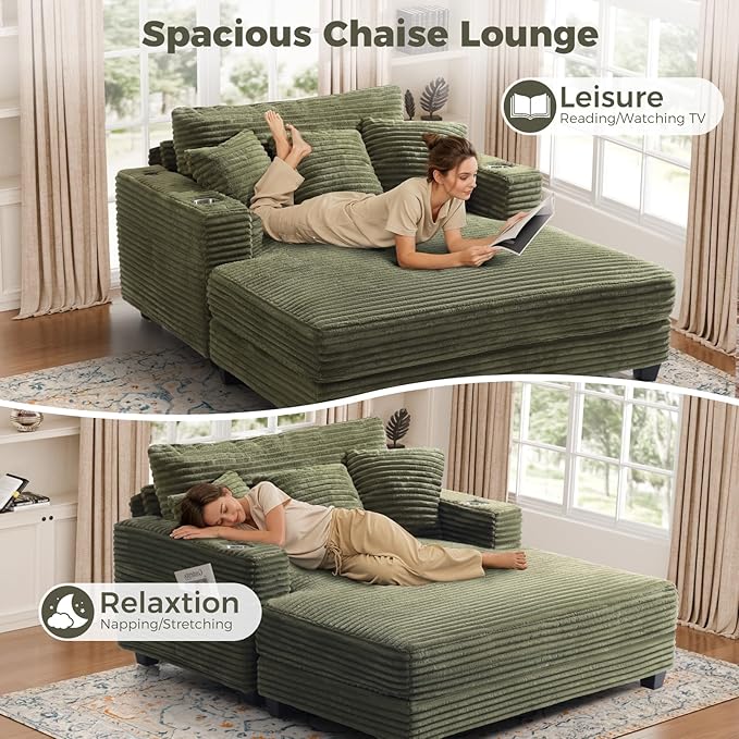 HUSFU 60'' Oversized Chaise Lounge Chair, Upholstered Sofa Bed, Sleeper Couch Reading Chairs with USB Port and Cup Holders,Comfy Cloud Sofas Couches for Living Room,Green