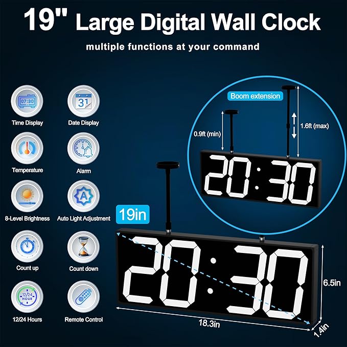 Large Double Sided Digital Wall Clock 19" with Remote Control,Suspended Design for Hospitals, Factories, Airports.