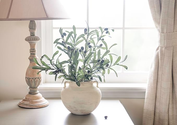 Handmade Beige White Two-Ear Ceramic Vase, Textured Pottery Vase with Two Ears for Centerpieces, Kitchen, Living Room, Bedroom Decor Gifts (Beige White*, Short)