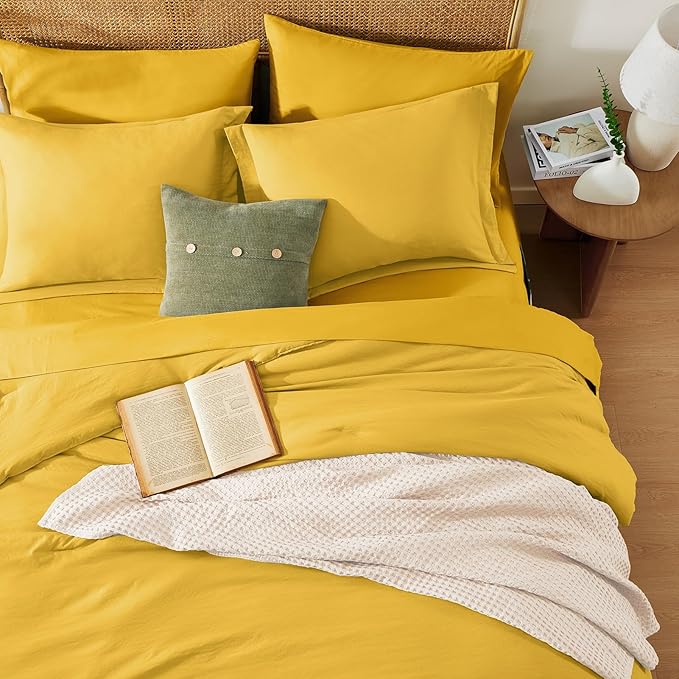 WRENSONGE King Size Comforter Set- 7 Pieces Soft Yellow Bed in a Bag with Fitted Sheet, Flat Sheet 2 Pillow Shams, and 2 Pillowcases- King Bedding Set for All Season
