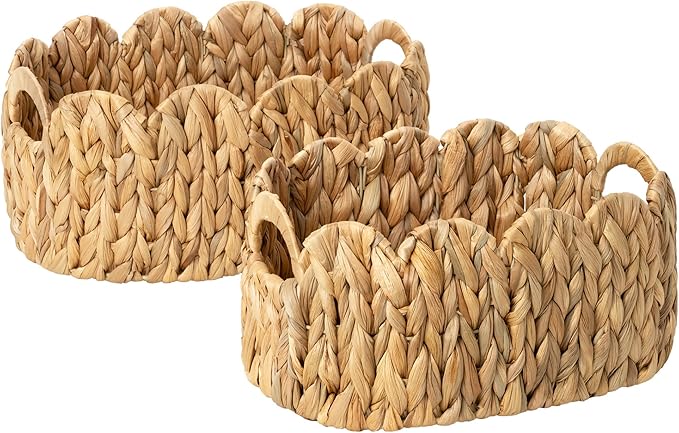 StorageWorks Scalloped Wicker Basket, Hand-woven Rattan Baskets with Built-in Handles, Water Hyacinth Basket for Organizing and Decor, 2 Pack
