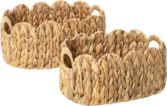 StorageWorks Scalloped Wicker Basket, Hand-woven Rattan Baskets with Built-in Handles, Water Hyacinth Basket for Organizing and Decor, 2 Pack