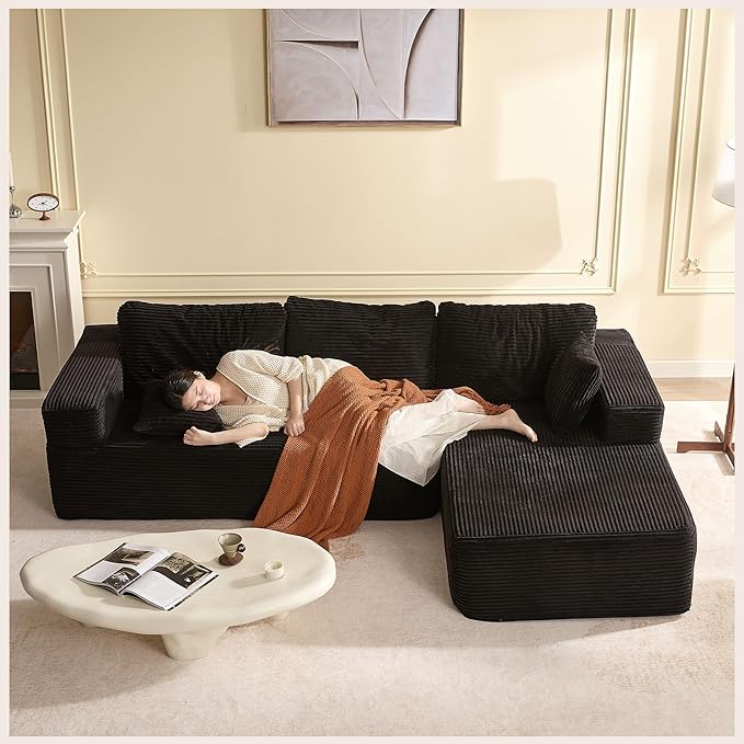 107" Boneless Couch with Deep Seat, Modular Sectional Sofa, Cloud Sectional Couch for Living Room, No Assembly Required, Corduroy, L-Shape Right，Black