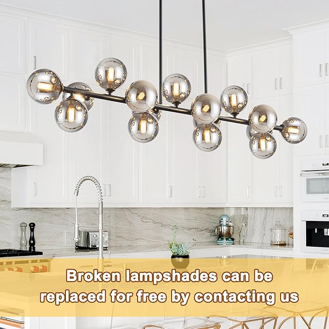 Chandelier,16-Light Large Pendant Lights Kitchen Island Linear Sputnik Chandelier Modern Chandeliers for Dining Room Bubble Gray Globe Island Lights for Kitchen Farmhouse Chandelier 55in