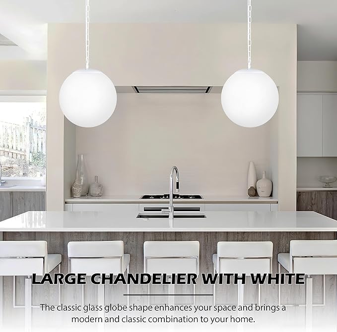 KoKo&Yukina 13.7 Inch Globe Pendant Light Adjustable White Globe Pendant Lights Kitchen Island Mid Century Light Fixture with Milky White Glass Shade for Living Room