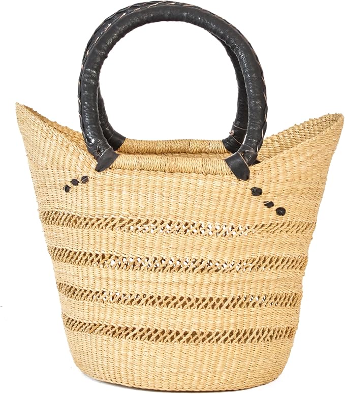 AYÉYA Handwoven African Basket – Winged Style – Wide Open Wicker Tote with Leather Handles – Unique Market or Foraging Basket – Handmade in Ghana