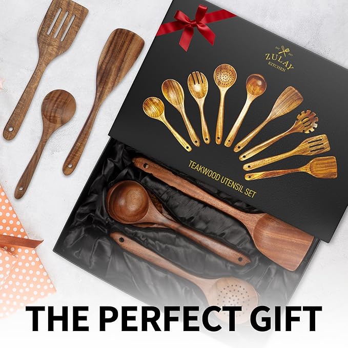 Zulay Kitchen 9-Piece Teak Wooden Utensils for Cooking - Natural Teak Utensil Set with Premium Gift Box - Non-Stick Wooden Spoons for Cooking - Kitchen Gift Set - Comfortable Grip Wooden Utensil Set