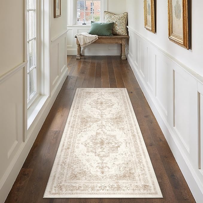 Runner Rug 3x7 Cream Hallway Washable Beige Carpet Non Slip Vintage Medallion Beige Carpet Low Pile Soft Distressed Retro Indoor Long Rug for Entryway Kitchen Bathroom Laundry Bedroom