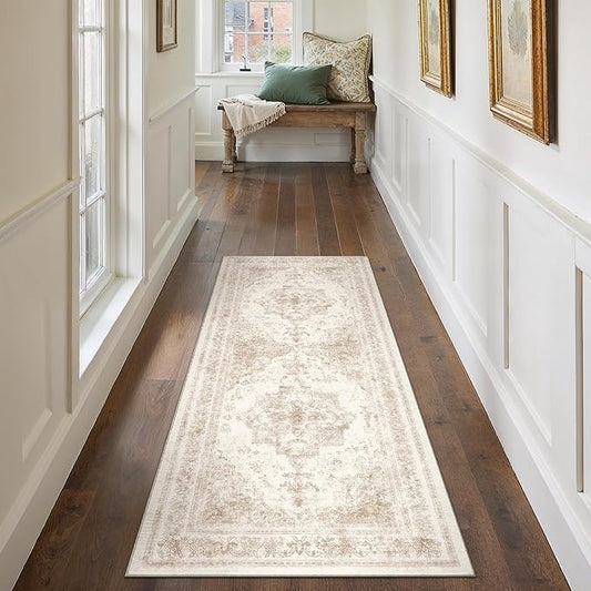 Runner Rug 3x7 Cream Hallway Washable Beige Carpet Non Slip Vintage Medallion Beige Carpet Low Pile Soft Distressed Retro Indoor Long Rug for Entryway Kitchen Bathroom Laundry Bedroom