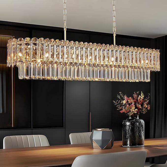L50in Gold Crystal Chandeliers 20-Light Modern Chandeliers for Dining Room Large Rectangle Luxury Pendant Light Fixture for Kitchen Island,Entryway,Living Room