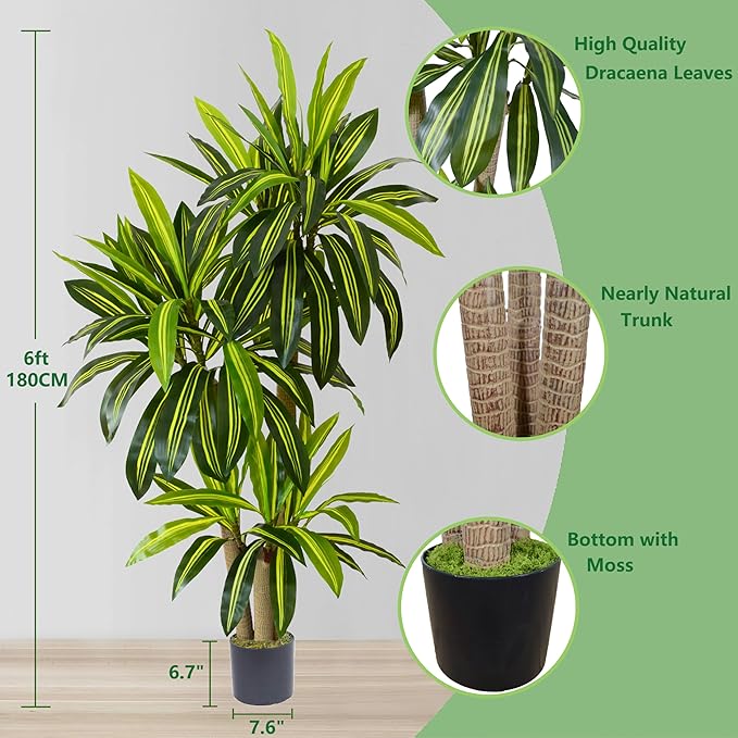 Artificial Dracaena Tree, 6ft Tall Fake Dracaena Plant with Basket, Indoor Outdoor Faux Topiary Yucca Trees for Office Home Living Room Porch Patio Décor