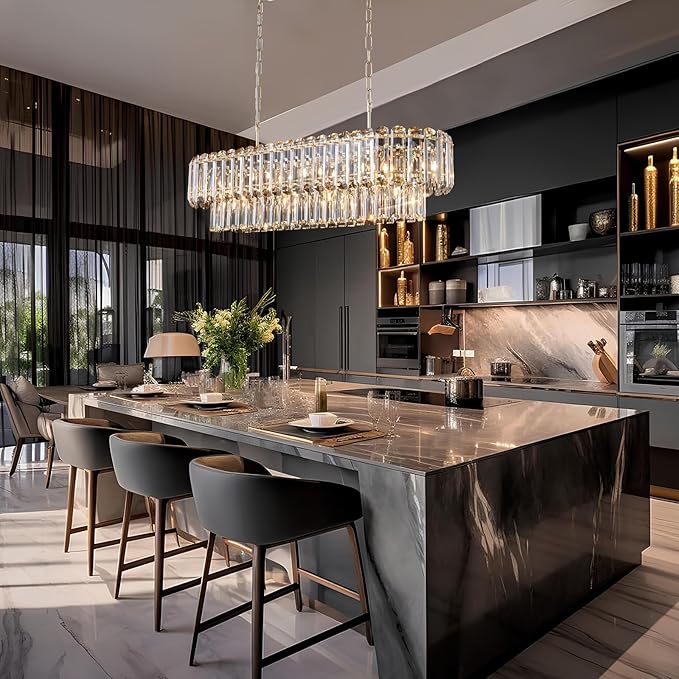 L35.4in Gold Crystal Chandeliers 14-Light Modern Chandeliers for Dining Room Rectangle Luxury Pendant Light Fixture for Kitchen Island,Entryway,Living Room