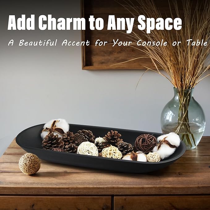 Large Decorative Bowl for Home Decor - Long Dough Bowl with Anti Slip Base for Table Centerpieces - Black Minimalist Design Dough Decor Bowl for Coffee Table, Dining Table Centerpiece